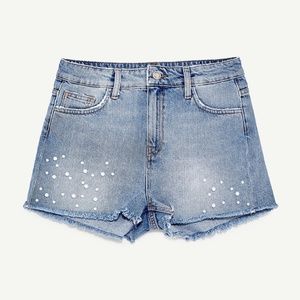 NWT ZARA DENIM SHORTS WITH FAUX PEARLS 8